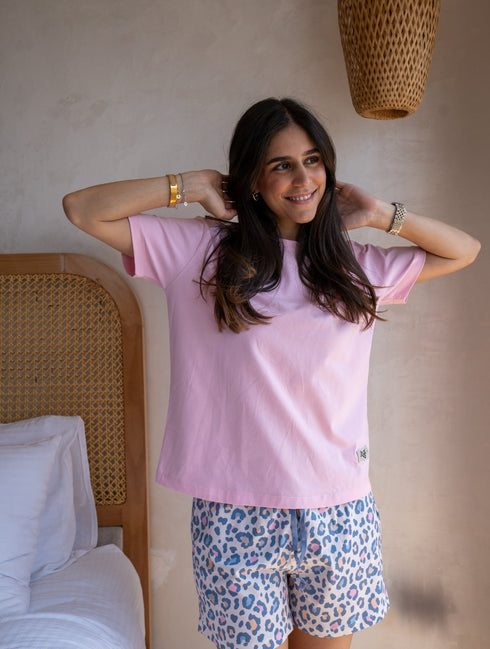 Women Summer Pajama set Rose T-shirt + Leopard Short